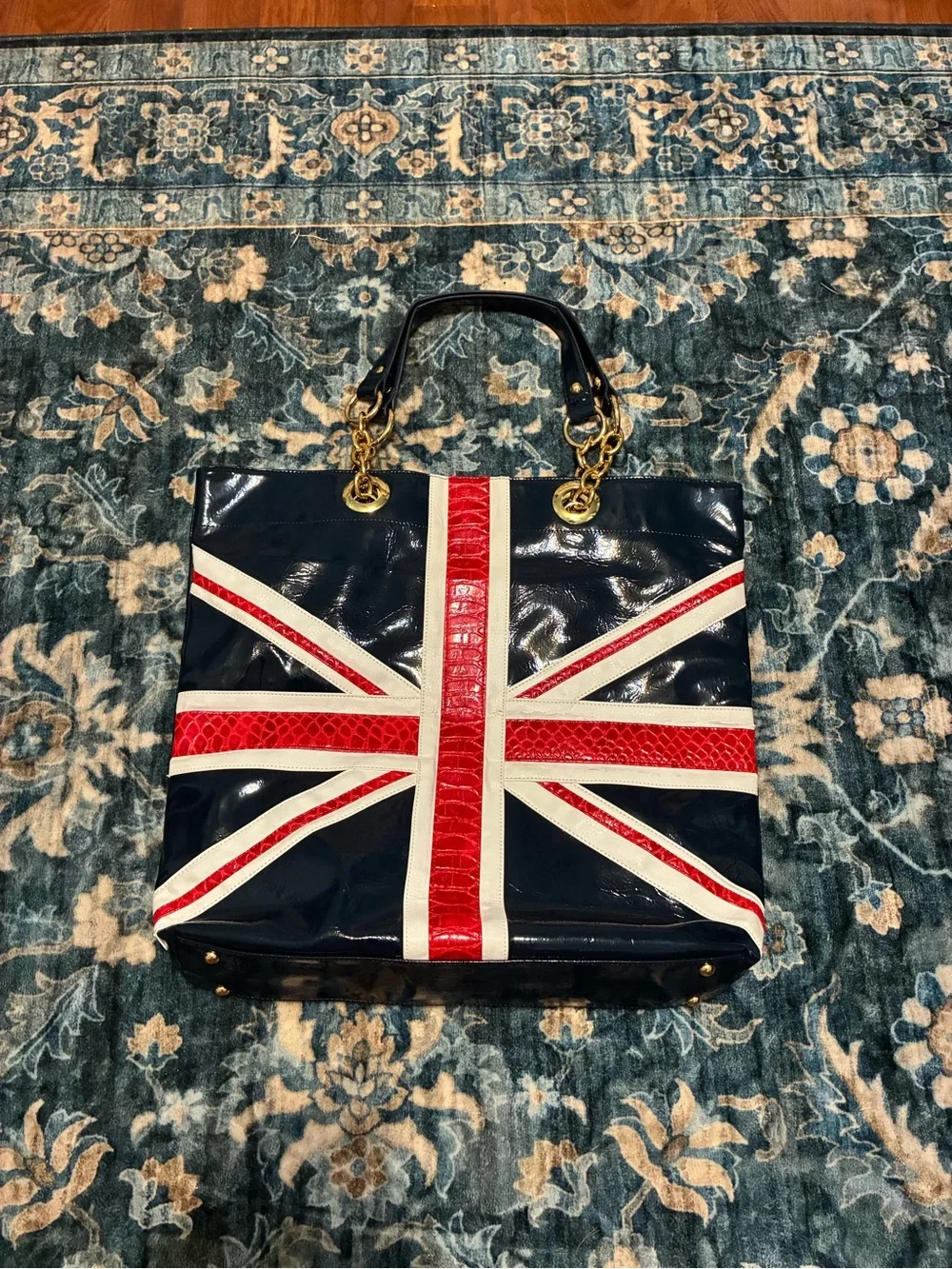 twiggy LONDON Navy, Red & White Union Jack Patent Tote with Gold Hardware